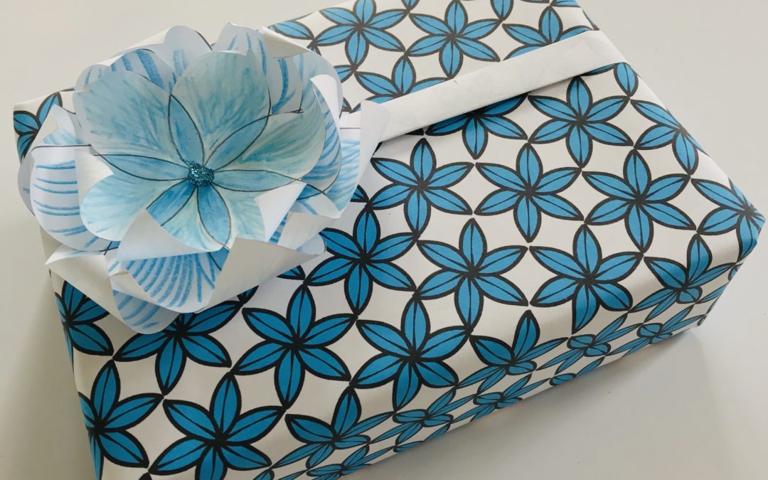 How to gift wrap a box with designer prints and paper flowers